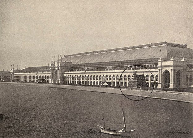 here it is, circled, looking dwarfed and very out of place against the Manufactures and Liberal Arts Building, which was the main fair building and purportedly the largest building ever at the time