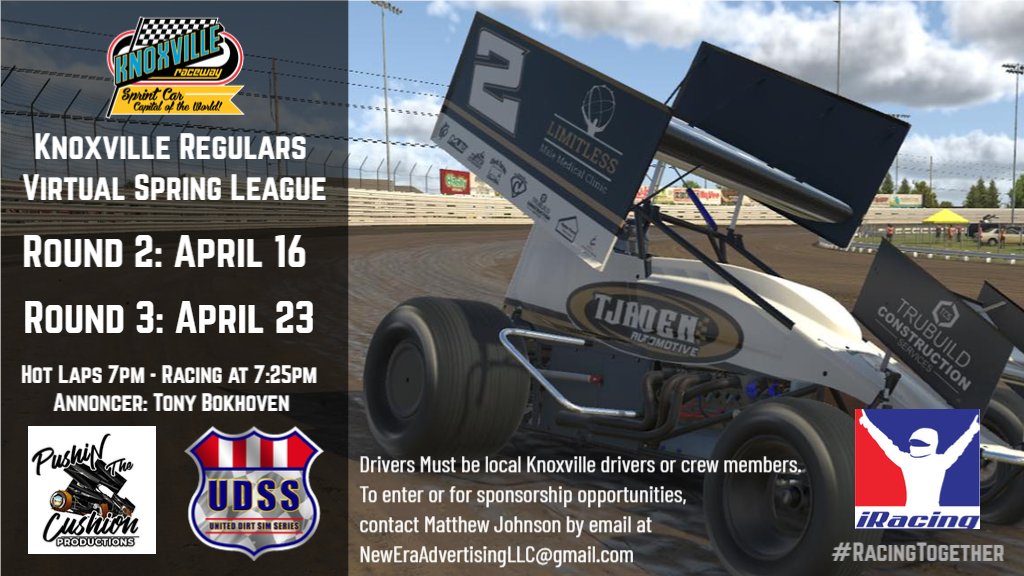 Virtual RACEDAY at the Sprint Car Capital of the World! Knoxville Regulars Virtual Spring League Round 2! 

It will be broadcast LIVE thanks to "Pushin the Cushion Productions" on YouTube. Hot Laps 7pm CT. Racing 7:25pm! 

Fans can watch here: 
bit.ly/2yElk9c