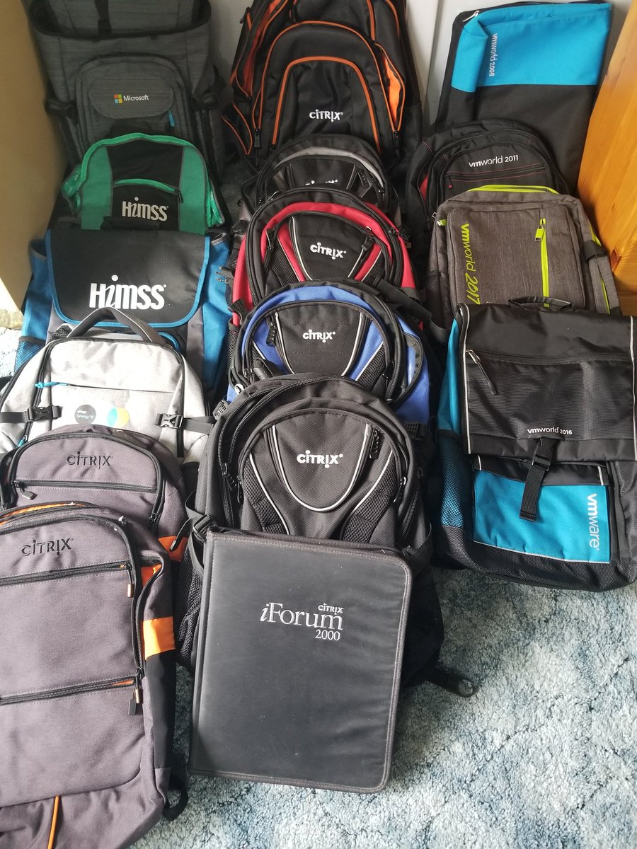 ParletteAndrew's tweet photo. A little basement cleanup, and this isn't all of the backpacks I've gotten from conferences with @Tricerat. I know some of you have a lot more! https://t.co/6eCfuP385F