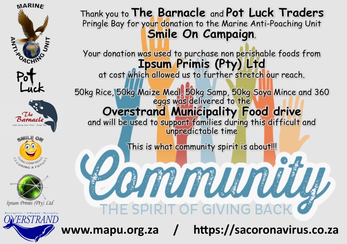 MarineAPU's tweet photo. Thank you to all role players

#PotLuckTradersPringleBay #TheBarnaclePringleBay #IpsumPrimisPTYLtd @OverstrandMuni  #GrantCohen #SmileOn #Community #Together #Covid19 https://t.co/et2DLAi6pO