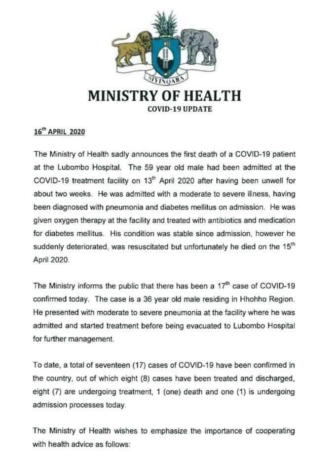 NomphiloK's tweet image. 17 confirmed COVID-19 cases in the kingdom of ESwatini. 8 recovered, seven undergoing treatment, 1 dead and 1 undergoing admission process. #sabcnews