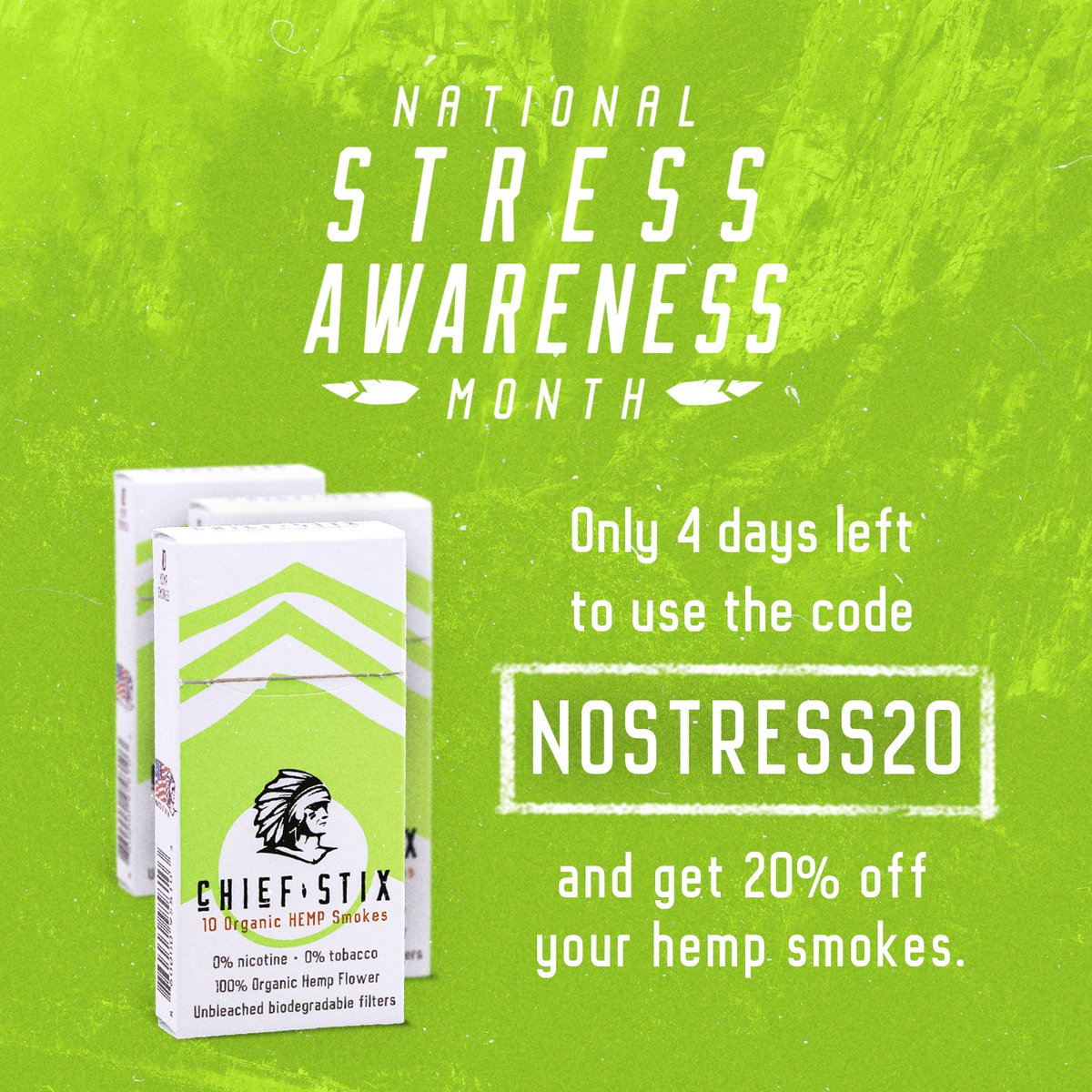 chiefstixhemp's tweet photo. You have only FOUR more days to get your hemp smokes with 20% OFF! Use the code "NOSTRESS20" at our online shop (link in bio). Keep chiefin 🍃
Valid until April 20th.
#chiefstix #organic #smoke #allnatural #hemp #goodvibes #notobacco #organichemp #zerotobacco #zeroadditives https://t.co/j8J0x9WId5