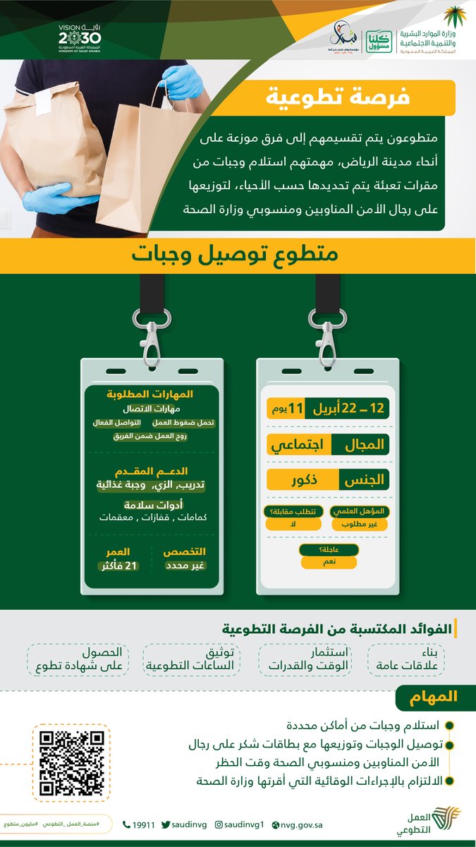 SaudiNVG's tweet image. #فرصتك_جات وفي انتظارك الآن..
لنعبر لجنود الوطن رجال الأمن ومنسوبي الصحة المناوبين في أوقات الحظر عن شكرنا وتقديرنا لجهودهم، عن طريق هذه الفرصة التطوعية💚
التفاصيل في البطاقة 👇
#منصة_العمل_التطوعي