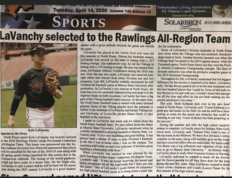 kyle_lavanchy's tweet photo. Thanks for the article Posey County News! @VikingBaseball1  @Nitro2021Gold https://t.co/asaUEBsiS3