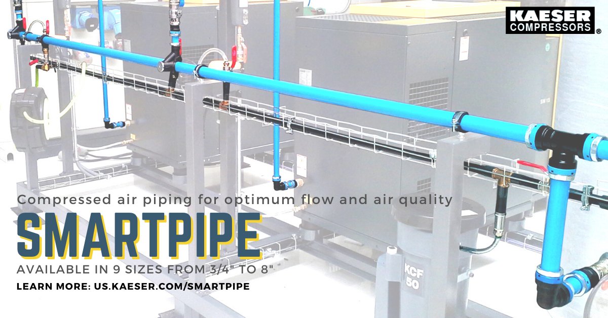 KaeserUSA's tweet photo. Kaeser's SmartPipe™ is a modular aluminum pipe for compressed air installations, offering both lower installation costs and lower long-term operating costs. Learn more about the benefits for your shop.
https://t.co/GC7aKWXuez
#SmartPipe #compressedairpiping https://t.co/7dlplOzHGQ