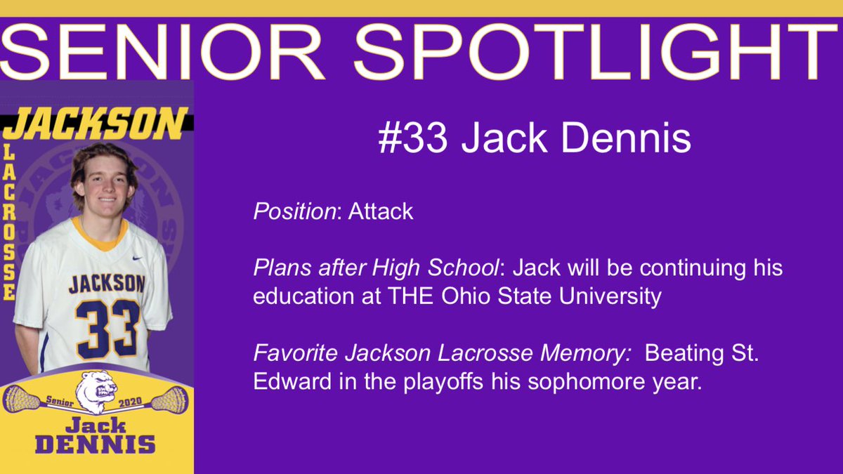 JacksonBearsLax's tweet photo. SENIOR SPOTLIGHT: #33 Jack Dennis is a true leader among his peers through his effort &amp; integrity.  He sets the example on the lacrosse field &amp; the classroom. He is a model student-athlete which helped earn him 2nd Team All-Region &amp; Academic All-American honors last spring. https://t.co/b52M3I248c