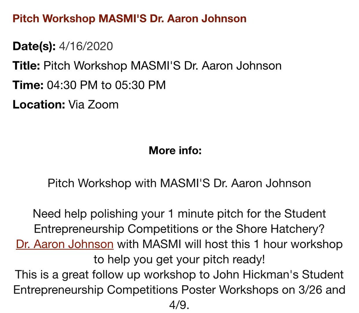 salisburyceo's tweet photo. REMINDER TODAY!

No meeting password needed.
Zoom Link located on Perdue calendar.
 
This workshop will help you prepare your pitch for the competitions! See you at 4:30 p.m.
 
Questions or issues with Zoom kksterling@salisbury.edu or 410-726-8430 https://t.co/YBz1EoENo2