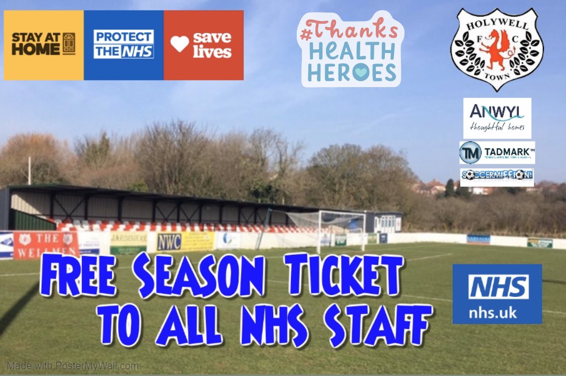 💙To show our support of the excellent work that NHS Staff are doing during this terrible time, Holywell Town Football Club will next season offer all NHS staff a free season ticket to any league game at Halkyn Road. 

More details to follow.

Stay Safe ♥️ #Wellmen