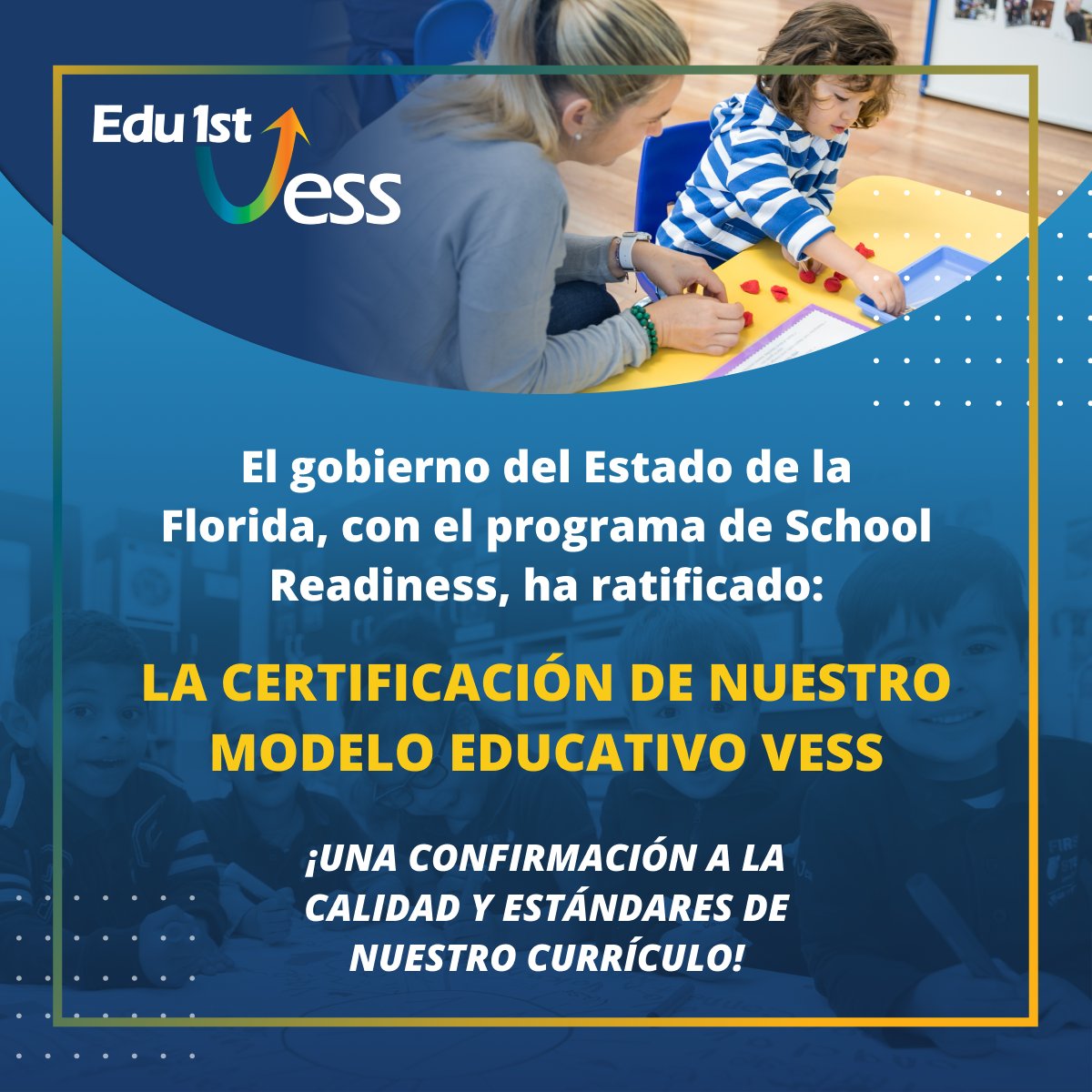 Edu1stVESS's tweet image. Nuestro Modelo VESS es certificado para School Readiness, en el estado de la Florida, certificación que ratifica la validez del currículo VESS y su propósito en generar experiencias de aprendizaje significativas en los niños.

#VESSModel

Contáctanos: modelovess.com/es/contacto/