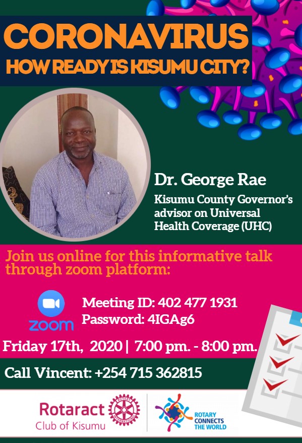Want to know how prepared Kisumu is to handle the COVID-19 pandemic? Or to understand the impact of UHC program in Kisumu County since it's launch? Then join this Fri 17th frm 7pm  through Zoom:
us04web.zoom.us/j/4024771931?p…
MeetingID: 402 477 1931
Pass: 4IGAg6