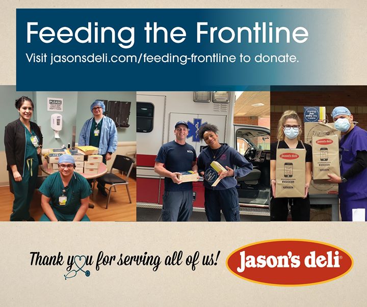 jasonsdeli's tweet photo. Help feed the frontline! A donation of $35 will feed 5 essential workers in your area. Visit https://t.co/yYUcc5XIMr to donate &amp; find out more. Meals are coordinated by your local Jason’s Deli so your dollars stay in your community. Commitment to community. It's a family thing.™ https://t.co/fKQZTo0qhd