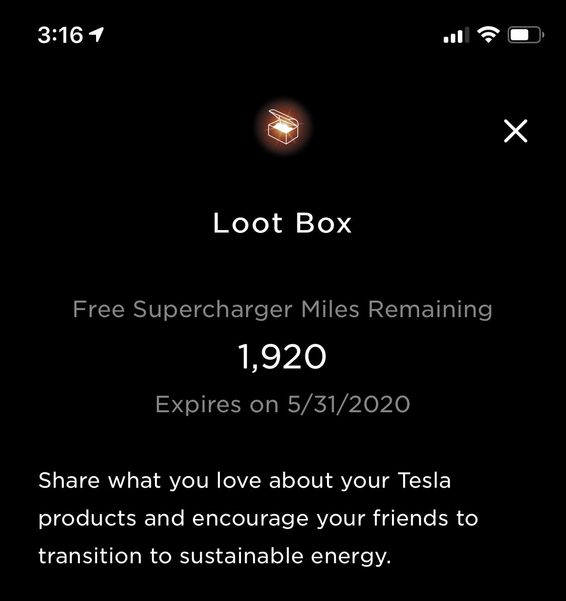 ⁦<a href="/elonmusk/">Elon Musk</a>⁩ @tesla just got this in my loot box. Why are my referral miles all of a sudden expiring? Especially when I can’t use them during a stay at home order. Kinda messed up if you ask me.