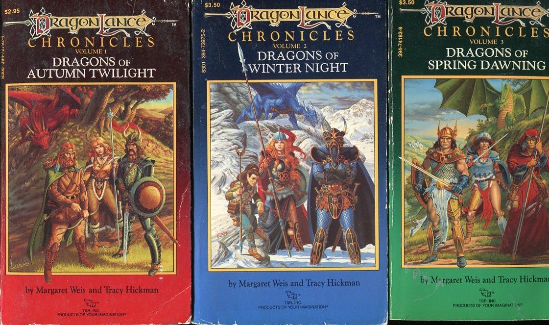 BeadleAndGrimms's tweet photo. In the late 80s and early 90s, we didn't have Harry Potter or Harry Dresden. But we did have Tanis, and Caramon, Kitiara, Goldmoon, Sturm, Flint, Riverwind, Laurana, Raistlin, and Tas. #Dragonlance https://t.co/fvuPizN8ia