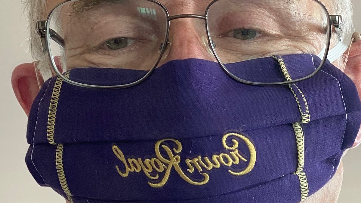 JGDove's tweet photo. Finally found a use for all those great Crown Royal Sacks:  A mask that looks forward to the day we can share a drink with strangers.  #masksforall #crownRoyal https://t.co/VZrjunFUj3