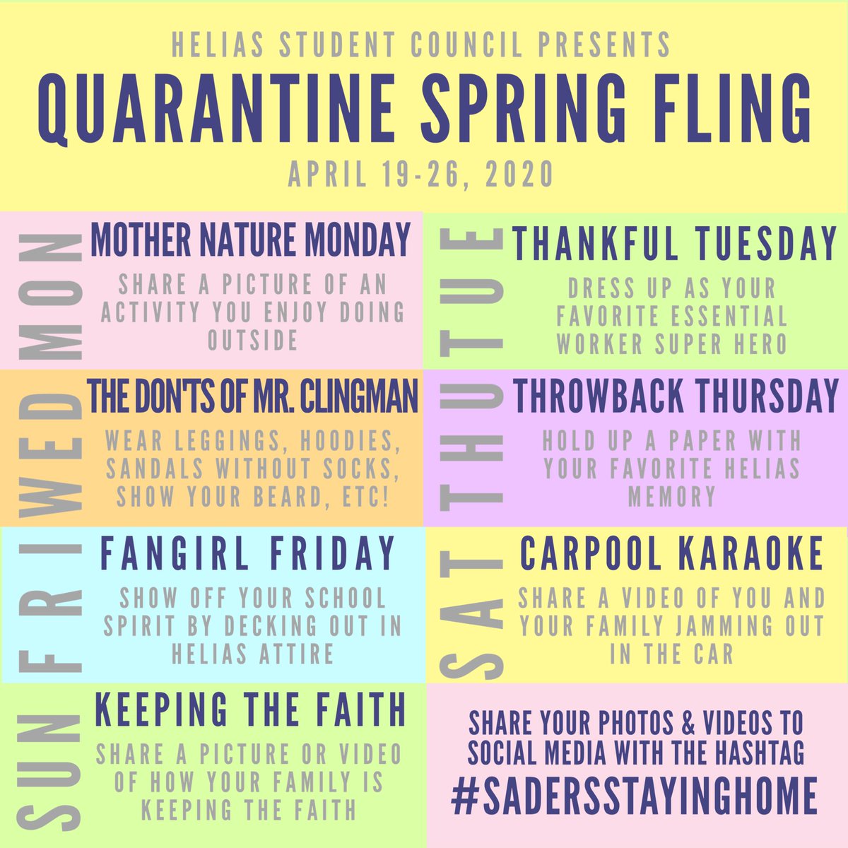HeliasStuco's tweet photo. Introducing Virtual Spirit Week! Post a picture or video of yourself following the theme to participate, with the hashtag #sadersstayinghome! We can’t wait to see what you all come up with! 💪🏼 https://t.co/Zy0BS8iwnr