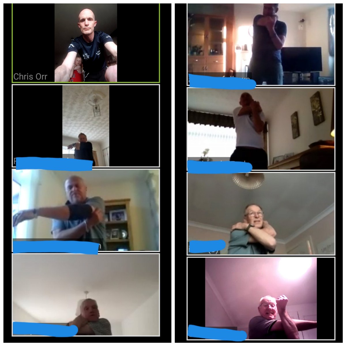 Chrisorrccmp's tweet photo. Manchester branch @NASSexercise first virtual group via Zoom. Slight teething problem with my laptop but  got through with my phone! We all enjoyed it though. 
P.S I'm not getting them to strangle themselves, honestly! https://t.co/UBv8LVlftj