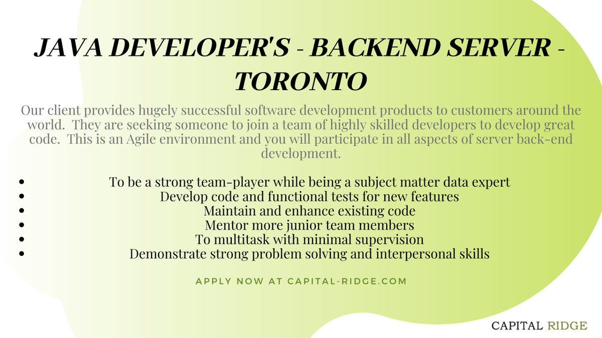 CapitalRidge's tweet image. Apply Here capital-ridge.com/site/candidate….
#javadeveloper #javajobs #javatrends #javanews #javadeveloperjobs #developerjobs #jobpost #torontojobs #jobsintoronto #developerjobsintoronto #backendserver #softwaredevelopment #coding #coder #codingjobs #codingtrends #torontonews