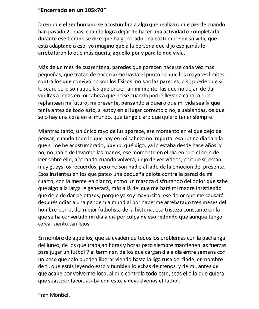 MoontyB10's tweet photo. Os dejo por aquí un pequeño texto que he escrito sobre eso redondo que tanto echamos de menos, si gustáis, decidme qué os parece ^^ 

“Encerrado en un 105x70” ⤵️📝 https://t.co/fm5Pd1d5VX