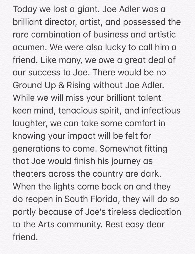 GroundUpRising's tweet photo. We are devastated by the loss of our great friend and South Florida Arts legend Joe Adler. We wrote a few words below for the man who built @gablestage and dramatically transformed the South Florida theater community. You will be deeply missed Joe. https://t.co/XslkbCxMmk