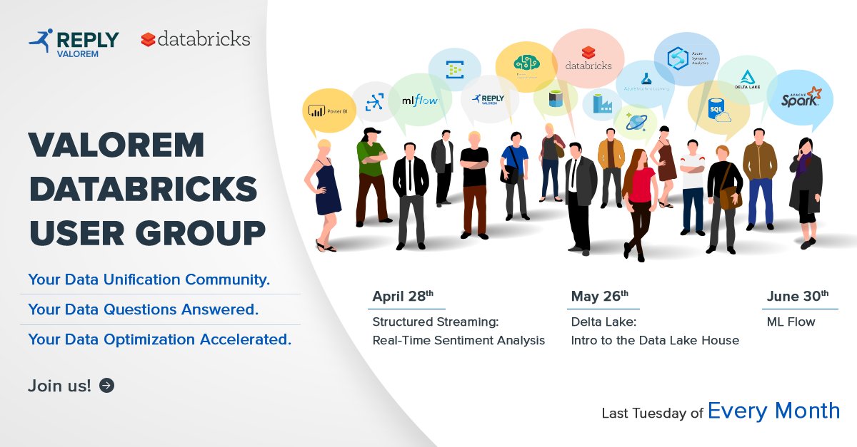Valorem's tweet photo. We are super excited to announce our new series of events taking place virtually end of each month for @databricks users and #data enthusiasts! Register Today. https://t.co/nlbZ8sMWxl
#databricks @Microsoft #VDUG https://t.co/pG8nZjTCAw