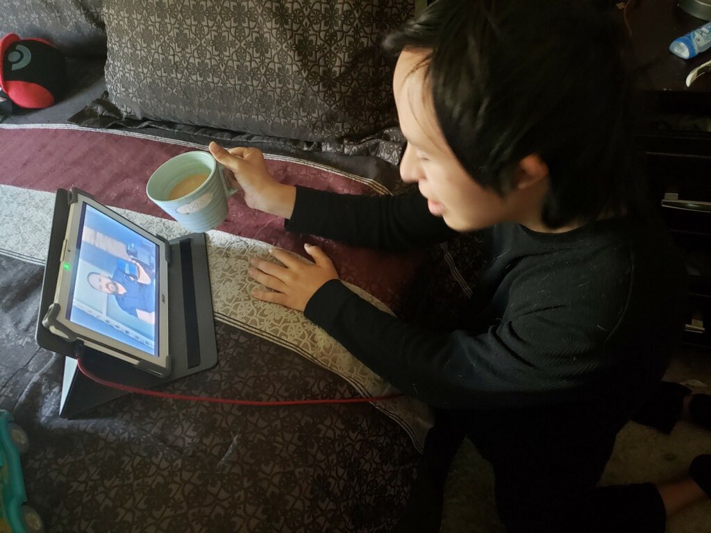 One of our 18+ students having coffee with Mr. Kennedy. Love that our students are getting the opportunity to have this daily tradition through remote learning. <a href="/ECISDSpecialEdu/">ECISDSpecialEdu</a>