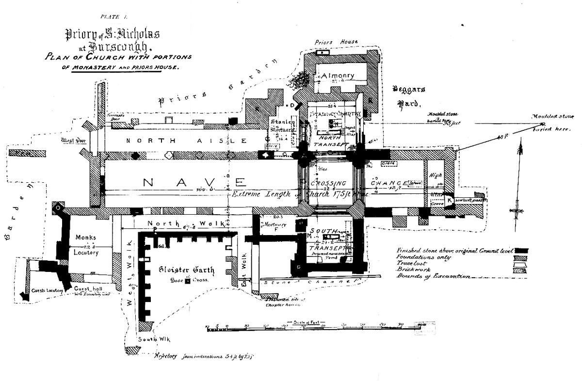 Burscough Austin Priory near Ormskirk. I went to see this a couple years ago. It's in a private garden round the back of a campsite: the S crossing piers of the church. Quite exciting to do the overlay: the nave 100ft long (I took time getting the scale exact)