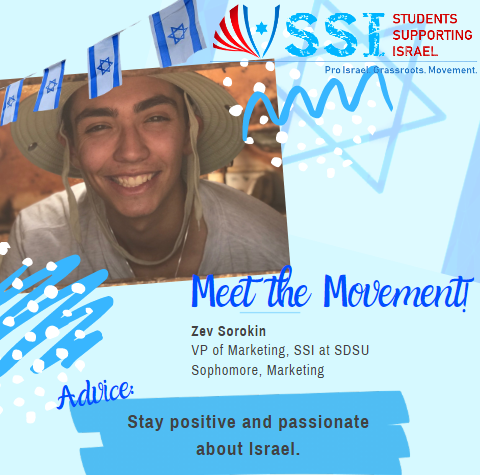 SSI_Movement's tweet photo. #MeetSSI Zev Sorokin from @ssi_sdsu ! Zev serves as the VP of marketing on the SDSU team and his advice is to always stay positive and passionate about #Israel! https://t.co/9tIgmb4BYx