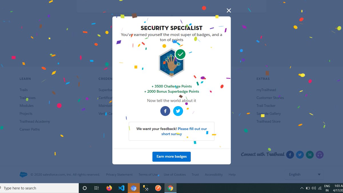 Bhagyashree Kulhare (@sfdcbhagyashree) on Twitter photo Woohoo!! #QuarantineLife One more Superbadge in my bucket😀😎
"Complete Second Superbadge - Security Specialist" #Achieved <a href="/trailhead/">Trailhead</a> <a href="/GeetaSanthosh/">Geeta S</a> <a href="/amandabauman/">Amanda Bauman</a> <a href="/Bhanz19/">Bhanu Dasgupta</a> <a href="/iKishorebt/">Kishore B T</a> <a href="/technodhaba/">Ashvin</a> <a href="/jigarshah189/">Jigar Shah</a> <a href="/ManaswiPauskar/">Manaswi Pauskar</a> <a href="/sfsgaitr/">Salesforce Student Group AITR</a> <a href="/mehansen82/">⚡️ ☁️ Michelle Hansen ☁️ ⚡️</a> <a href="/TrailblazerEsha/">Esha #MC²</a> <a href="/rkarma214/">Ram Karma☁️</a> Woohoo!! #QuarantineLife One more Superbadge in my bucket😀😎
"Complete Second Superbadge - Security Specialist" #Achieved <a href="/trailhead/">Trailhead</a> <a href="/GeetaSanthosh/">Geeta S</a> <a href="/amandabauman/">Amanda Bauman</a> <a href="/Bhanz19/">Bhanu Dasgupta</a> <a href="/iKishorebt/">Kishore B T</a> <a href="/technodhaba/">Ashvin</a> <a href="/jigarshah189/">Jigar Shah</a> <a href="/ManaswiPauskar/">Manaswi Pauskar</a> <a href="/sfsgaitr/">Salesforce Student Group AITR</a> <a href="/mehansen82/">⚡️ ☁️ Michelle Hansen ☁️ ⚡️</a> <a href="/TrailblazerEsha/">Esha #MC²</a> <a href="/rkarma214/">Ram Karma☁️</a>