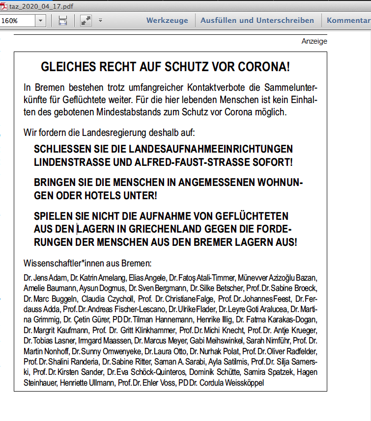 Gute Aktion - Anzeige von Bremer Wissenschaftler*innen in der taz von Freitag. 

Wie lange will die grüne Sozialbehörde die menschenverachtende Massenunterbringung in Bremen noch aufrechterhalten?!

#ShutDownLindenstraße
#ShutDownAllCamps
#LeaveNoOneBehind
