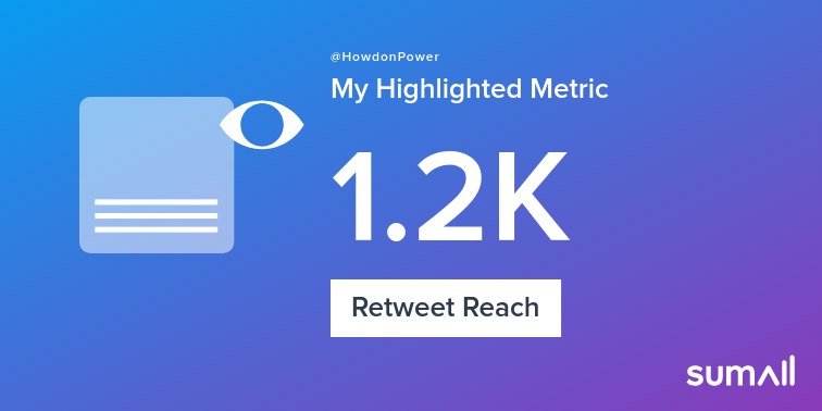 HowdonPower's tweet image. My week on Twitter 🎉: 2 Mentions, 2 Retweets, 1.2K Retweet Reach, 10 New Followers. See yours with sumall.com/performancetwe…
