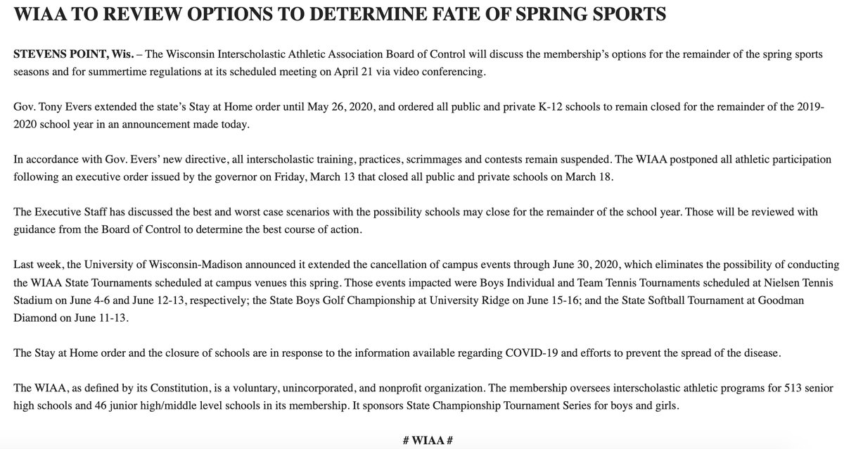 wissportsnet's tweet photo. The WIAA has released the following statement on today's order from Governor Evers closing schools &amp; extracurricular activities for the 2019-20 school year.

They'll discuss options at next week's Board of Control meeting. https://t.co/9fIwdP44Ao