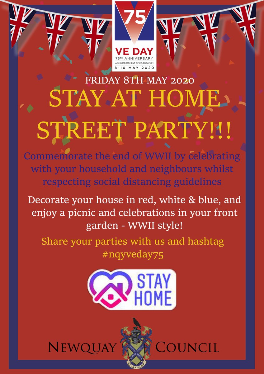 NewquayCouncil's tweet photo. We may not be able to celebrate the 75th Anniversary of Victory in Europe as we would like, but lets all join together in celebrating it from home! Please share and get the word out. Use #nqyveday75 and we'll share as many of your party snaps as we can! https://t.co/doxrof355X