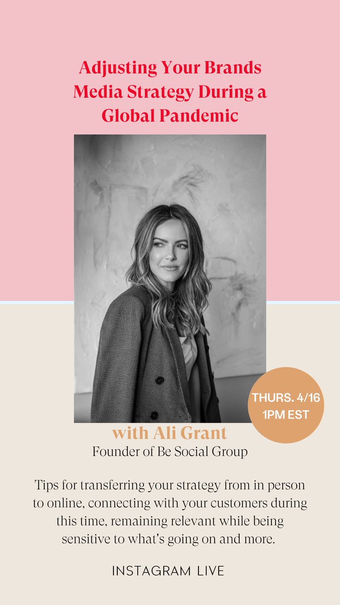 And at 1PM EST ‘Adjusting Your Brands Media Strategy During a Global Pandemic’ Ali Grant of <a href="/besocialgroup/">Be Social</a> on FFC IG Live! bit.ly/34DwHKF