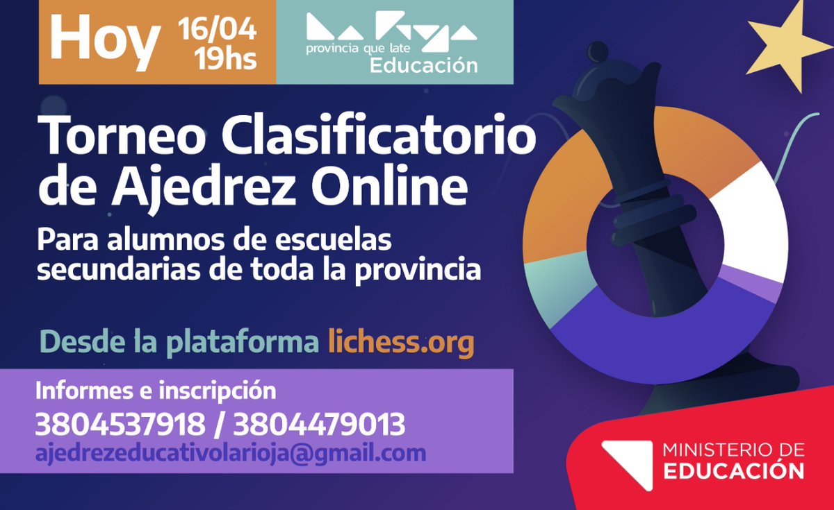 pol_socio's tweet photo. Ajedrez Educativo de La Rioja, invita a todxs lxs estudiantes del Nivel Secundario a participar del "Torneo Interprovincial de Ajedrez Educativo para escuelas secundarias". Inicia hoy a partir de las 19 hs. 
Podés inscribirte en el siguiente link: 

https://t.co/VrVdomzCph https://t.co/5CnmugyvJL