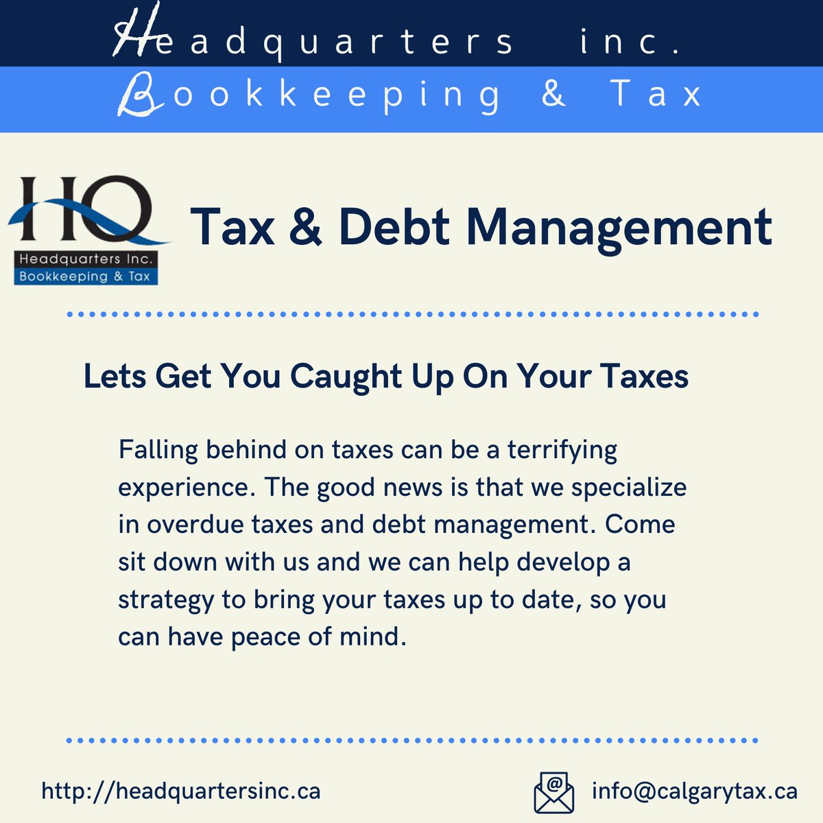headquartersbo2's tweet photo. We have the experience to help you manage your debt. Getting caught up on your taxes and getting your finances in order can leave you feeling like a weight has been lifted

#helpingcalgarygetoutofdebt #calgarytaxaccountant #calgaryaccountant #yycsmallbusiness #yyclocal #Taxtime https://t.co/eftUM87MUe