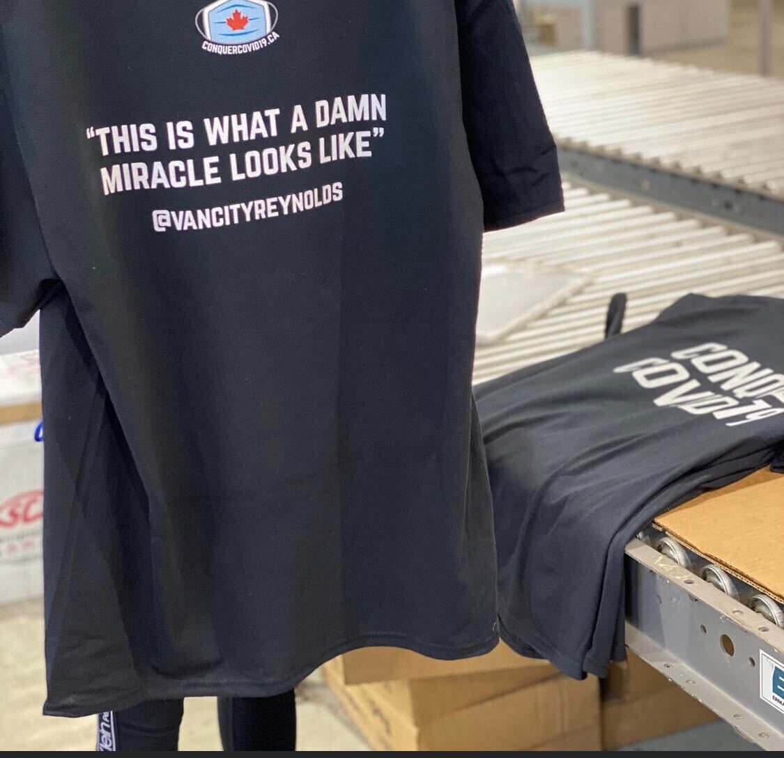 conquercovid19's tweet image. Thank you to everyone for your continued support! By popular request, we are now launching #ConquerCOVID19  merchandise! 100% of all proceeds will be used to purchase PPE for our frontline workers! Visit conquercovid19.ca to get yours today! @wick_22 @VancityReynolds