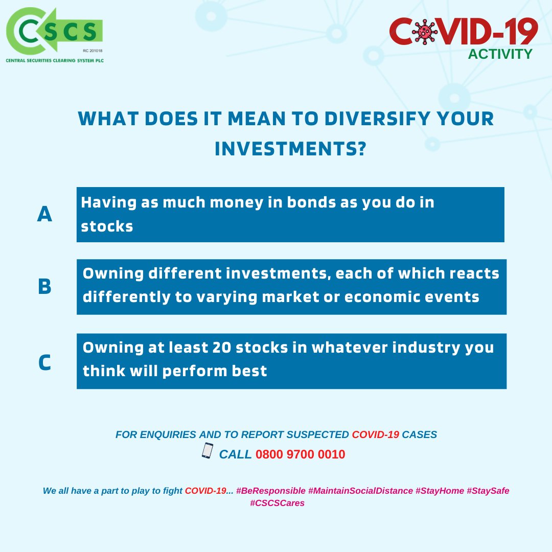 CSCSNigeria's tweet photo. #Activity5: you have to solve a #Quiz.
What does it mean to diversify your investments?
A, B or C? Reply below with the correct option.๐ค
#StaySafe #StayHome #BeResponsible #CSCSCares #Covid_19 https://t.co/RdIyPHeb74