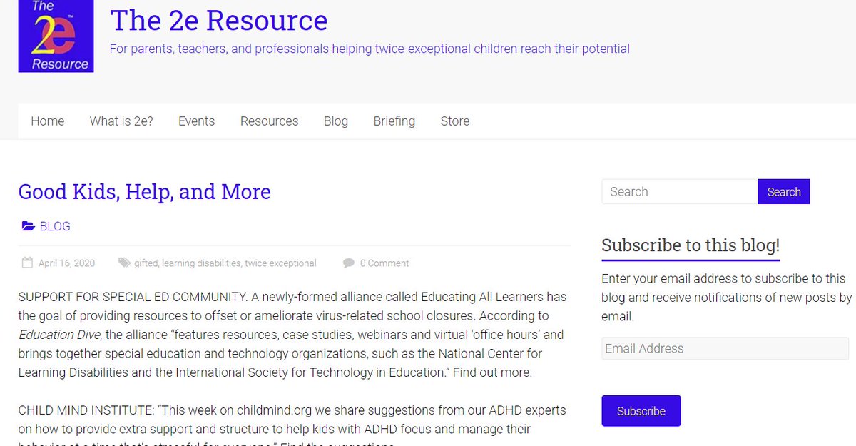 NEW BLOG ITEMS: Special ed online; supporting ADHD kids; Karina Eide Scholars from <a href="/dyslexicadv/">Dyslexic Advantage</a>; tele(mental)health from <a href="/SummitCenter/">Summit Center</a>; more. #2ekids 2eresource.com/2020/04/16/goo…