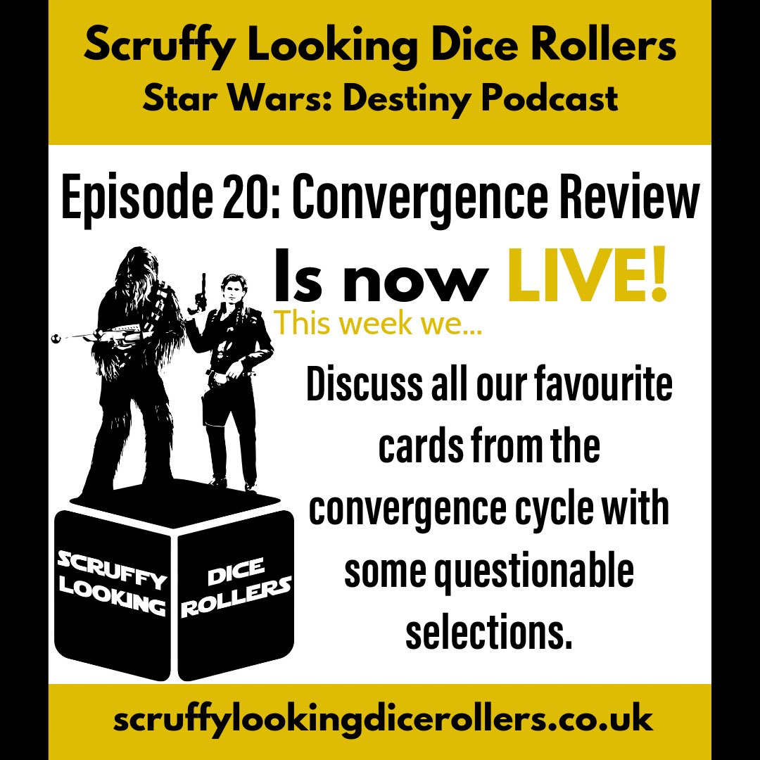 ScruffyDice's tweet photo. Our third and final instalment of our reviews is now LIVE. What would your three golden cards (character, upgrade/support &amp; event) be? #starwarsdestiny #destiny #ffg #podcast #convergence https://t.co/b5se9ExGHO