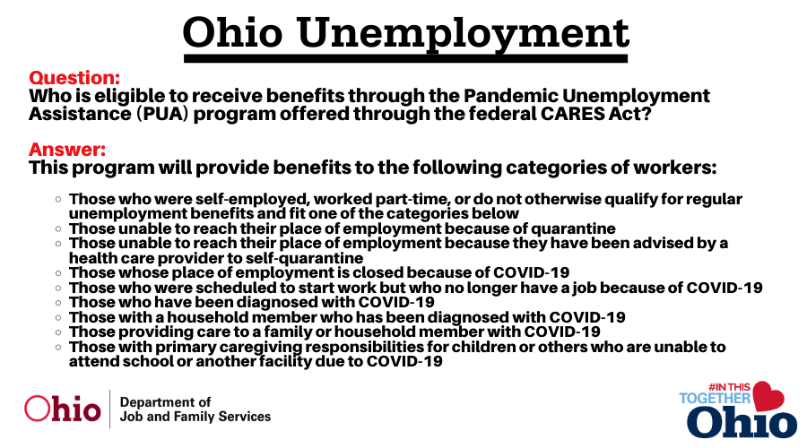 Ohiojfs On Twitter Unemployment Update Pandemic Unemployment Assistance Pua Program For More Information On Expanded Eligibility Visit Https T Co Eummtiixu4 Inthistogetherohio Everyclaimisimportant Covid19 Caresact Https T Co Qqbl97pmjx