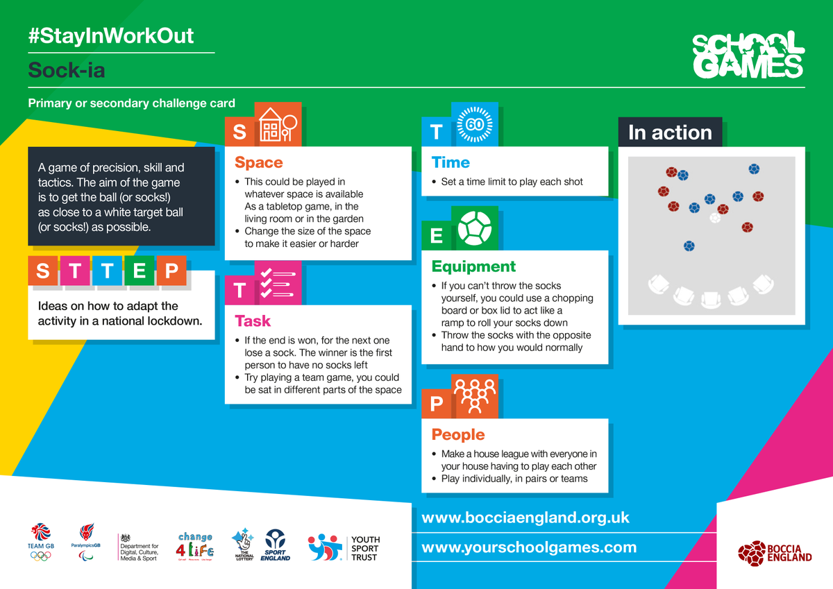 YourSchoolGames's tweet photo. We have a new activity card to help you help young people to #StayInWorkOut! @BocciaEngland have brought us 'sock-ia', an inclusive game to try out. See more activity cards at: https://t.co/TdXGuiSglX https://t.co/uJiWLs2xDR