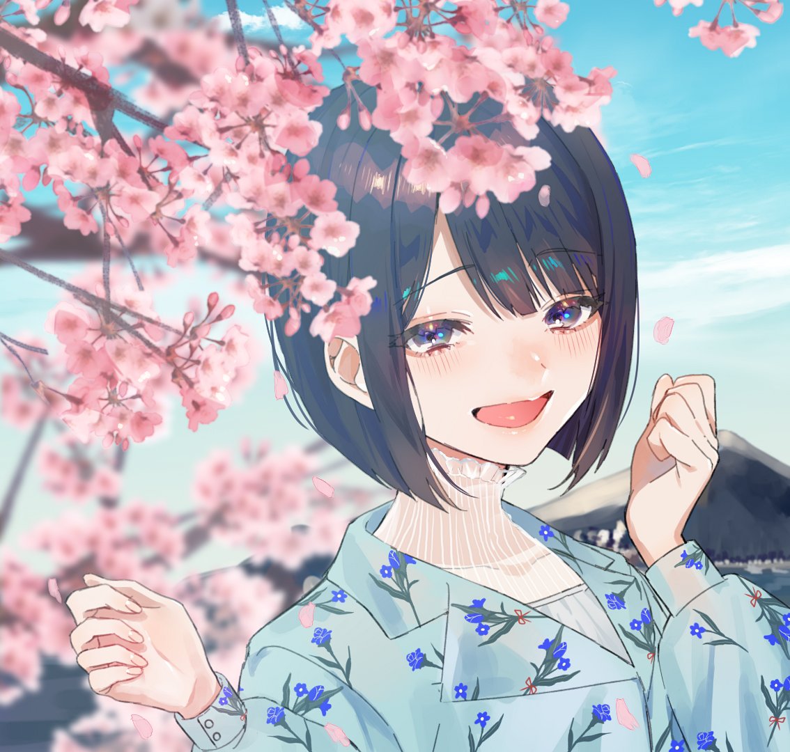 1girl solo cherry blossoms outdoors looking at viewer open mouth smile  illustration images