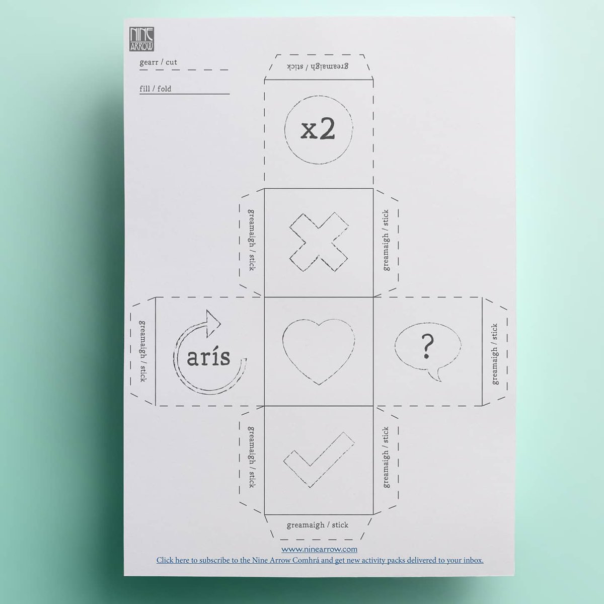 ninearrowART's tweet photo. Make some paper dice to play a simple board game 'as Gaeilge' https://t.co/mDZ1JKT2W5