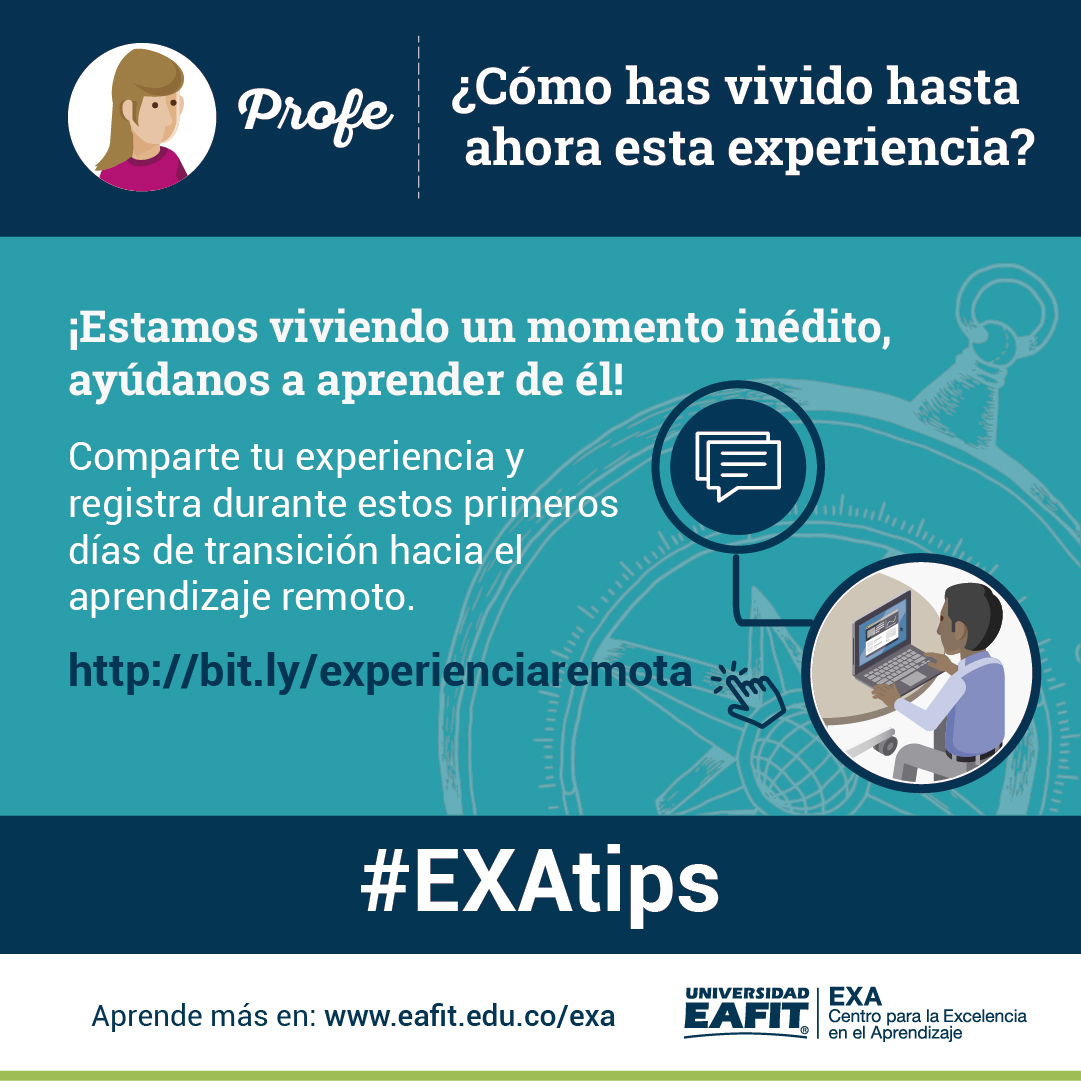 EXA_EAFIT's tweet photo. Profe, ¿cómo has vivido hasta ahora esta experiencia?
Cuéntanos sobre tus clases, cómo se han desarrollado y qué retos has encontrado. Comparte aquí tus primeras experiencias y juntos fortalezcamos las estrategias para el aprendizaje remoto 👉https://t.co/PPiksjvw61
#EXAtips https://t.co/xbsbQO4BHn