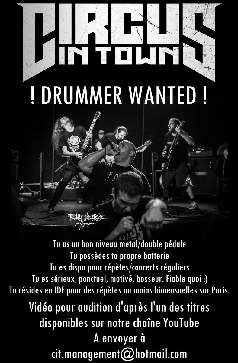 CircusInTownCIT's tweet photo. CIT cherche BATTEUR
Playtrough sur un titre de notre EP: https://t.co/is8DLeMXPC
QUALITES DEMANDEES:
BN metal/double pédale
Posséder sa drum
Dispo pour répètes/concerts réguliers
Sérieux, motivé
Résider en IDF
ENVOIE TA VIDEO: cit.management@hotmail.com

#drummer #metal #casting https://t.co/ppHwIccERC