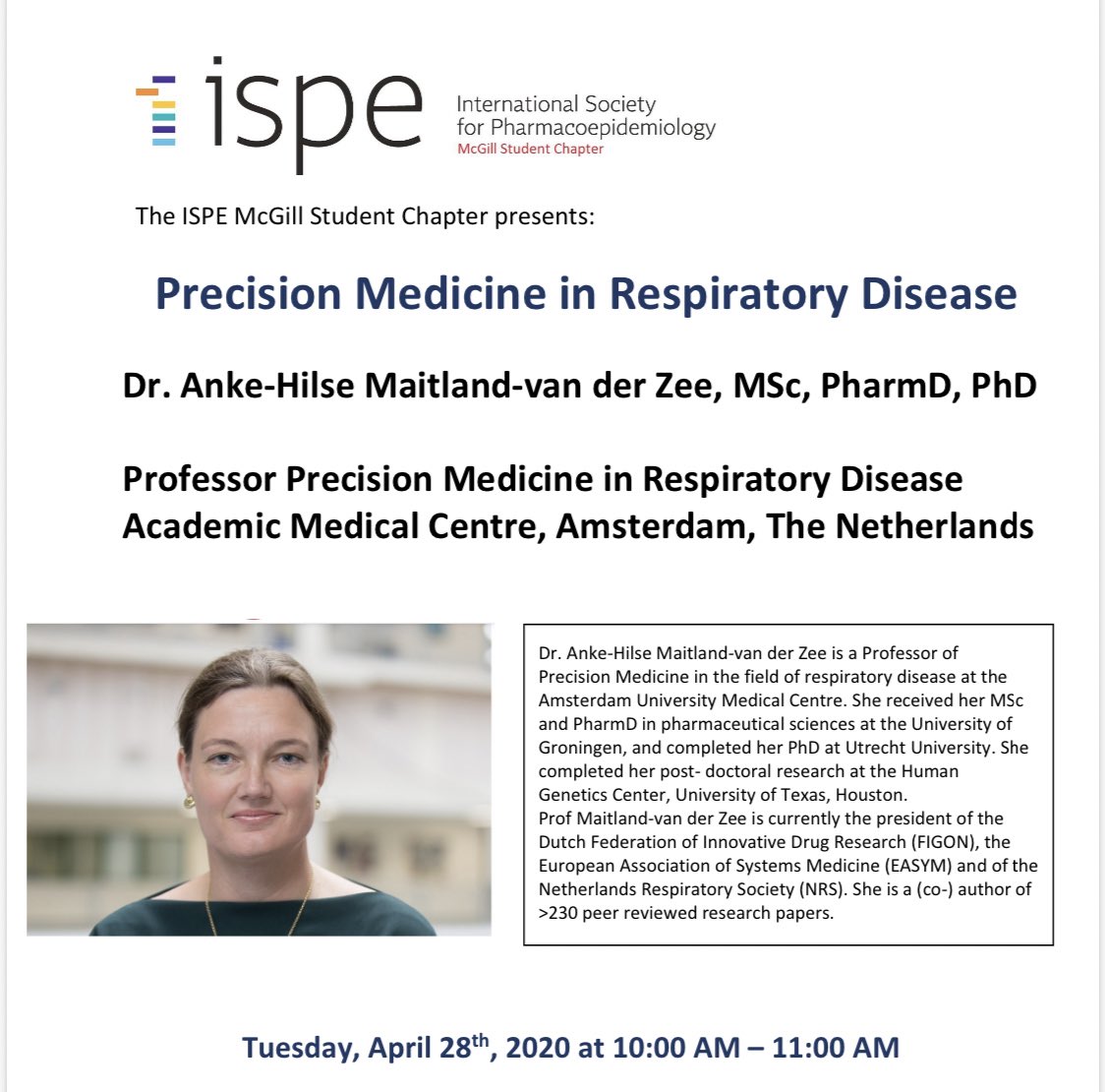 ISPE_McGill (@ispemcgill) on Twitter photo We are excited to announce that Dr. <a href="/AnkeHilse/">Anke-Hilse Maitland</a> will be presenting a webinar on precision medicine in respiratory disease on April 28th at 10am. DM or email ispe.mcgill@mcgill.ca to register We are excited to announce that Dr. <a href="/AnkeHilse/">Anke-Hilse Maitland</a> will be presenting a webinar on precision medicine in respiratory disease on April 28th at 10am. DM or email ispe.mcgill@mcgill.ca to register