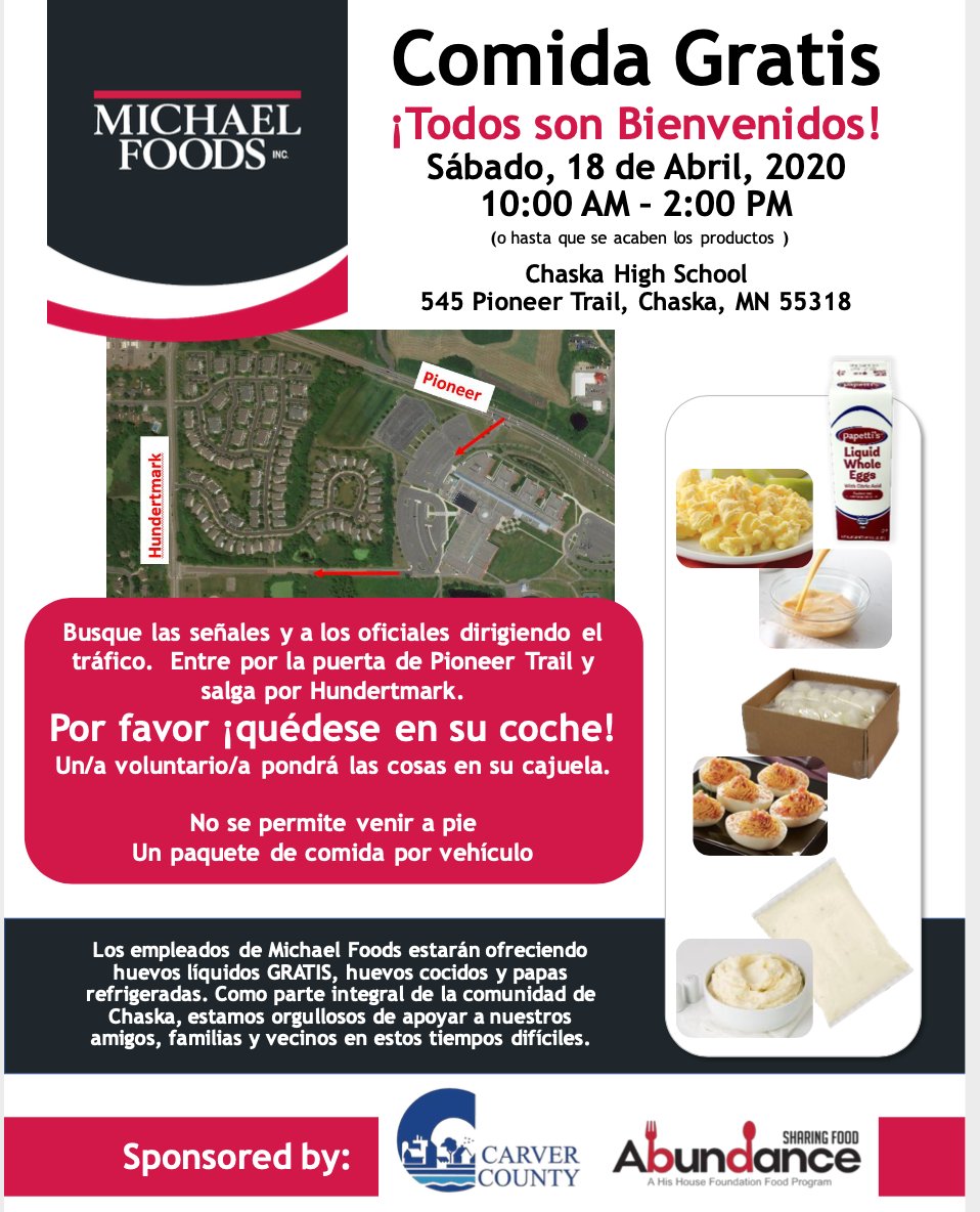 There's a free food distribution at Chaska High School Saturday 4/18 from 10am-2pm (or until supplies last). Thanks to our community partners for showing how much we care! <a href="/ISD112/">E Carver Co Schools</a> <a href="/CarverCounty/">Carver County</a> <a href="/MichaelFoods/">Michael Foods</a> His House