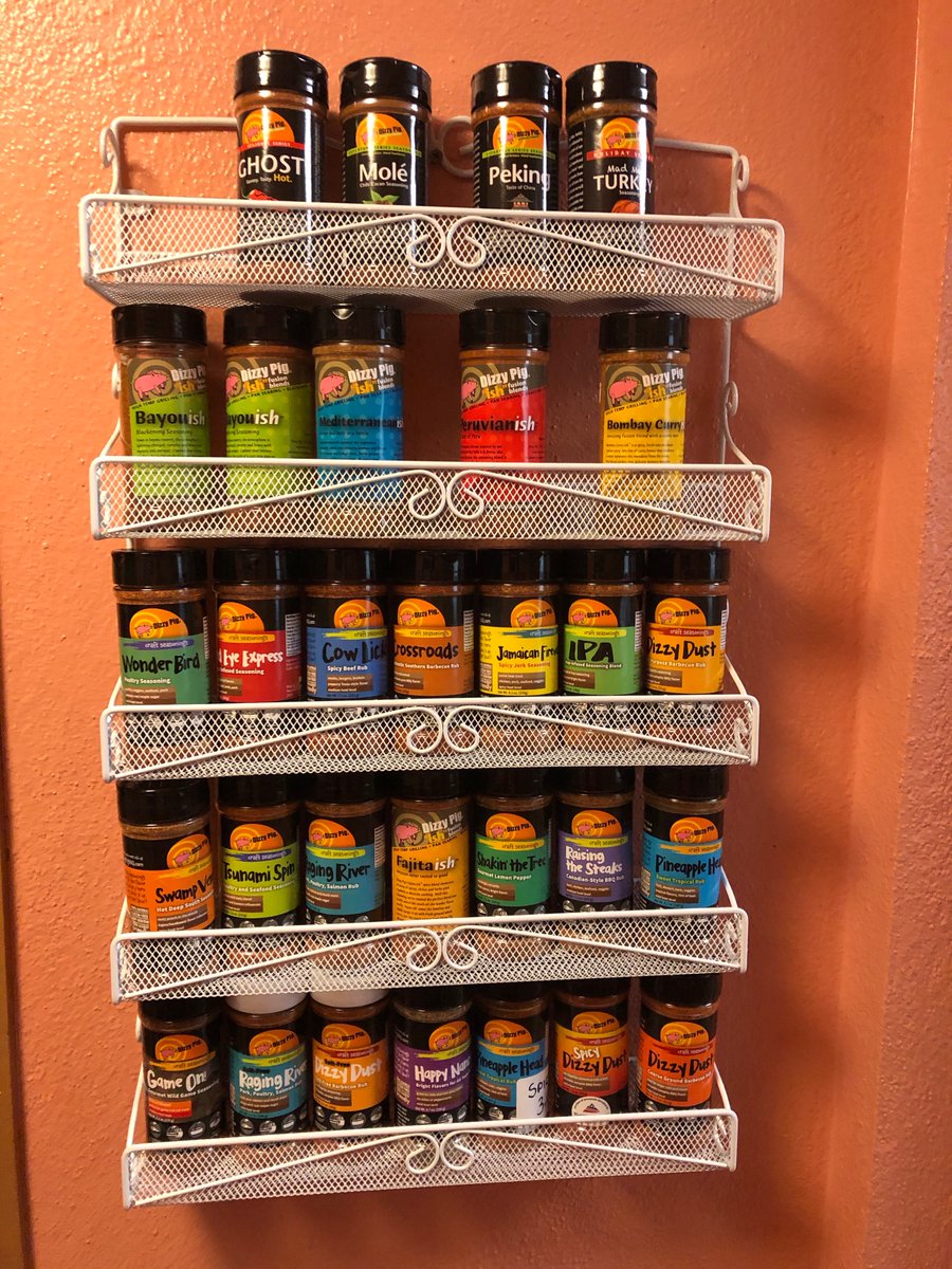 DrBBQ's tweet image. Got my @dizzypigbbq stash stored on this new shelf. I can see them all and decide what I'm in the mood for. How do you keep yours where you can see them? #BBQ #Charcoal #Charcoalcooking