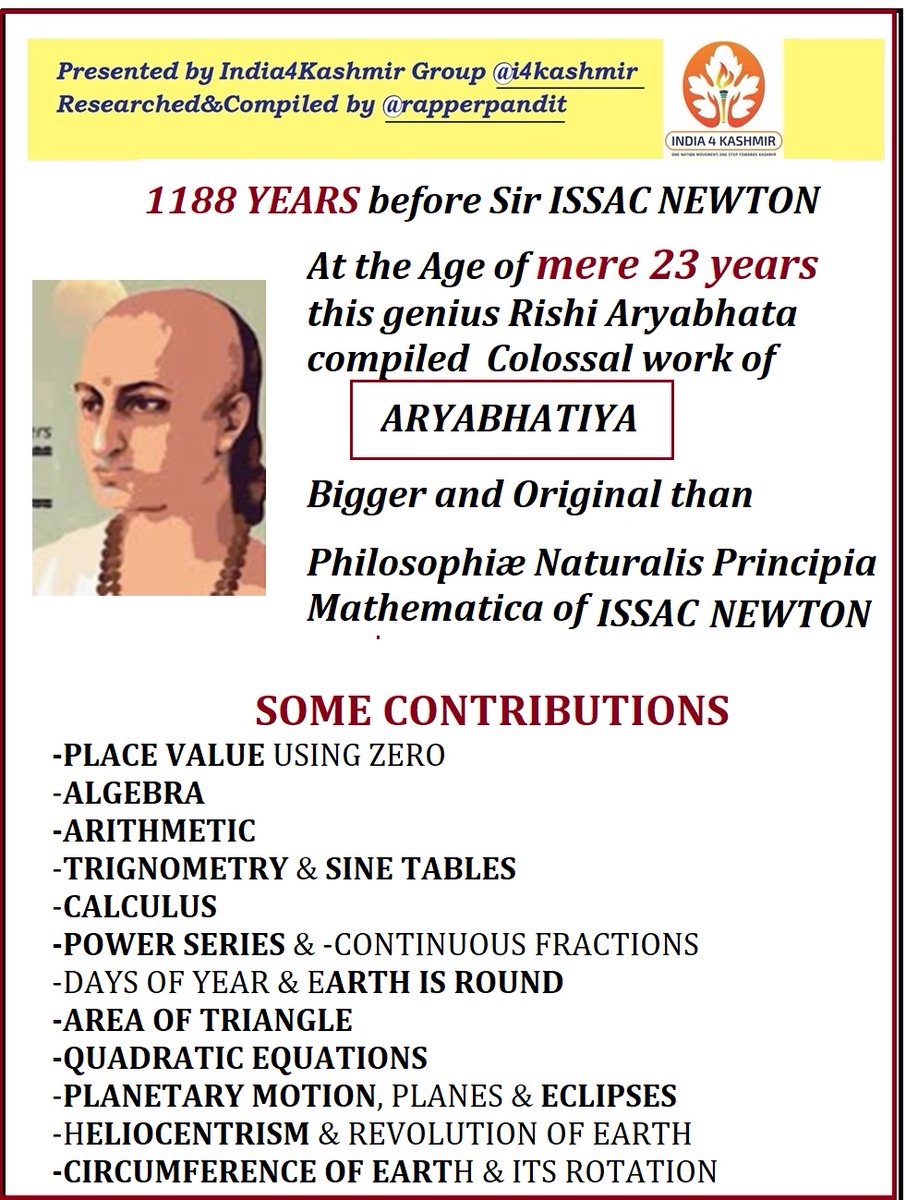 2/n: At a mere 23 years of Age, this Genuis Rishi created the most colossal ever treatise in Mathematics, 1188 Years before Issac Newton. He Name: Aryabhata (आर्यभट) lets read slowly many FASCINATING Findings (Even if you dont hav Math Background !). You will ENJOY the Magic!