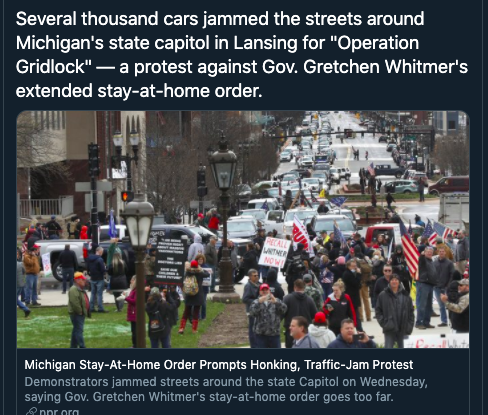 HipHopCaucus's tweet photo. The protestors at the capitol in #Lansing yesterday put themselves + the lives of fellow Michiganders at risk.

#COVID19 is hitting people of color especially hard. Black folks = 14% of state population, but 40% of 28k+ cases.

Here’s what our members on the frontlines had to say https://t.co/2ocI4rf5Uy